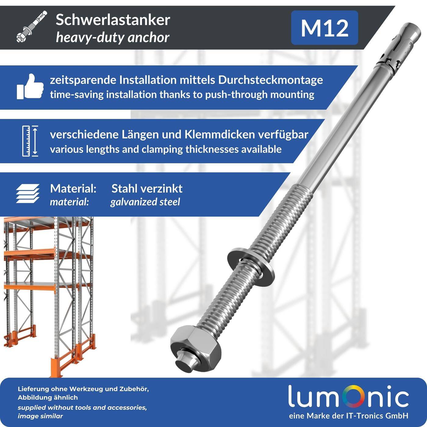 Lumonic Schwerlastdübel M12 x 325mm | hochwertige Keilanker verzinkt | Durchsteckmontage, SOFORT BELASTBAR | Betonanker, Schwerlastanker | für Überdachungen, Geländer, Regale, Trennwände