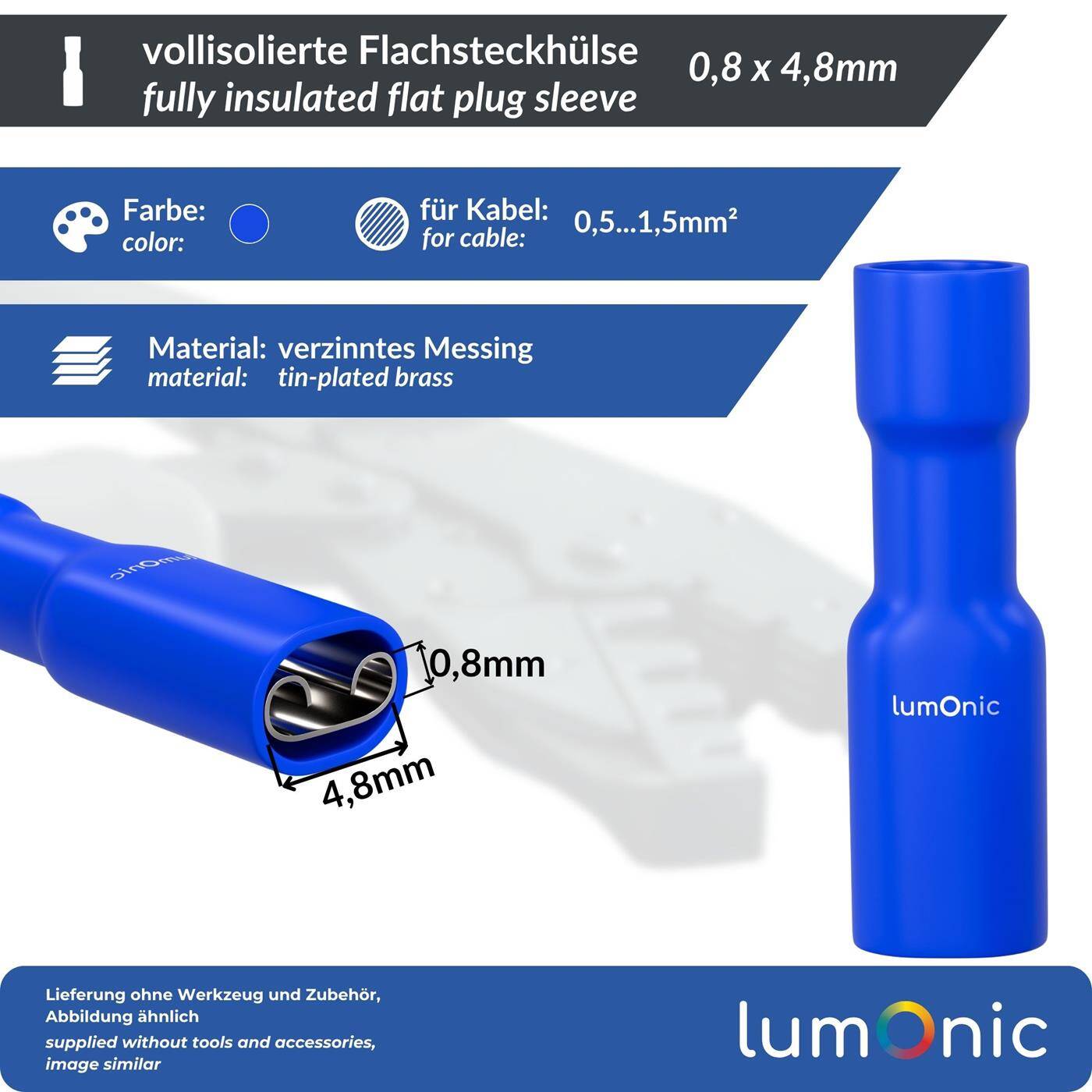 25x Flat receptacle fully insulated 1,5-2,5mm² Plug-in dimension 0,8x4,8mm Blue for flat plug Brass tinned 25x Flat receptacle fully insulated 1,5-2,5mm² Plug-in dimension 0,8x4,8mm Blue for flat plug Brass tinned