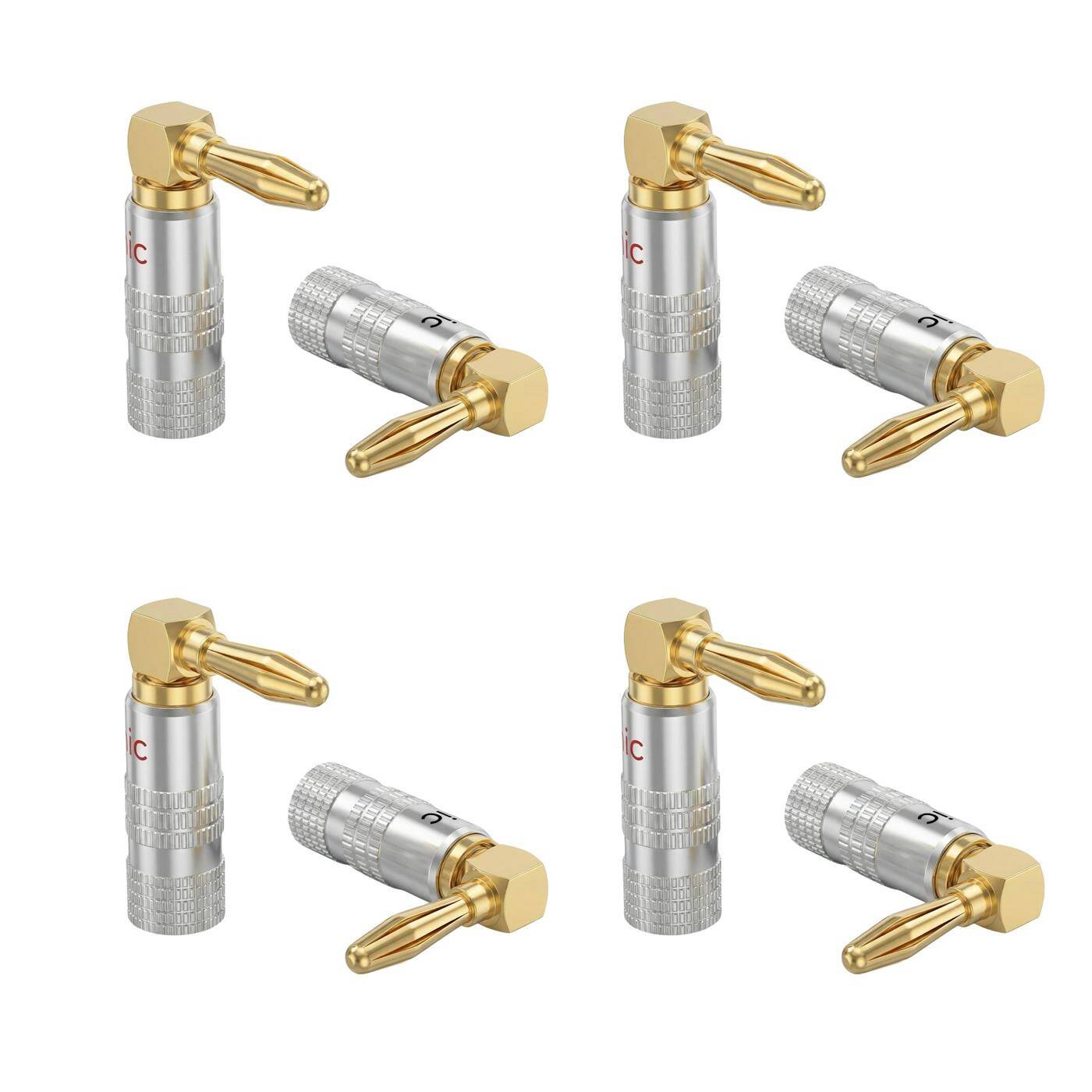 Lumonic Set of 8 HiFi banana plugs silver | angled, screwable, gold-plated 4mm contacts | for 0.75mm²...4.0mm² | Metal housing | for amplifier, loudspeaker, surround system