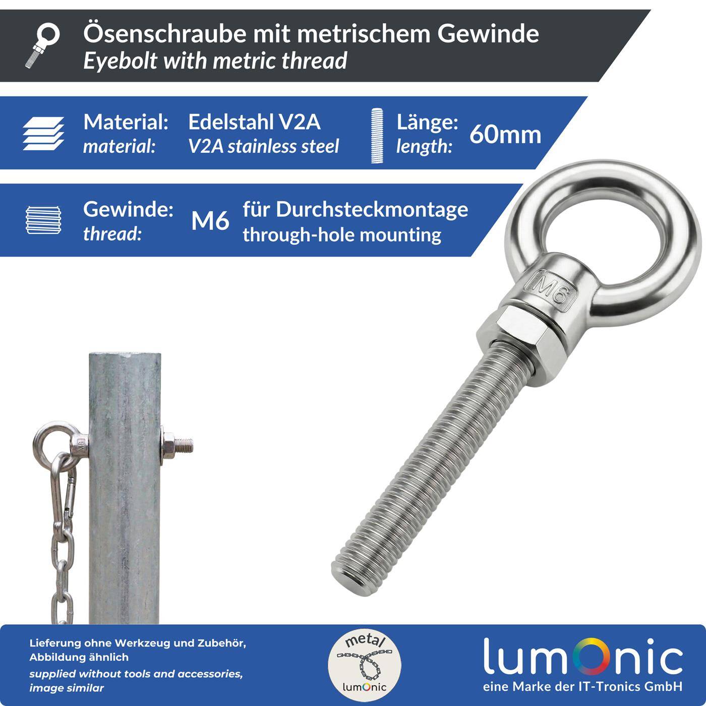 Lumonic Eye bolt V2A stainless steel incl. nut + washer | M6x60mm |  | Push-through mounting | Eyebolt for awning, hammock, swing + chains