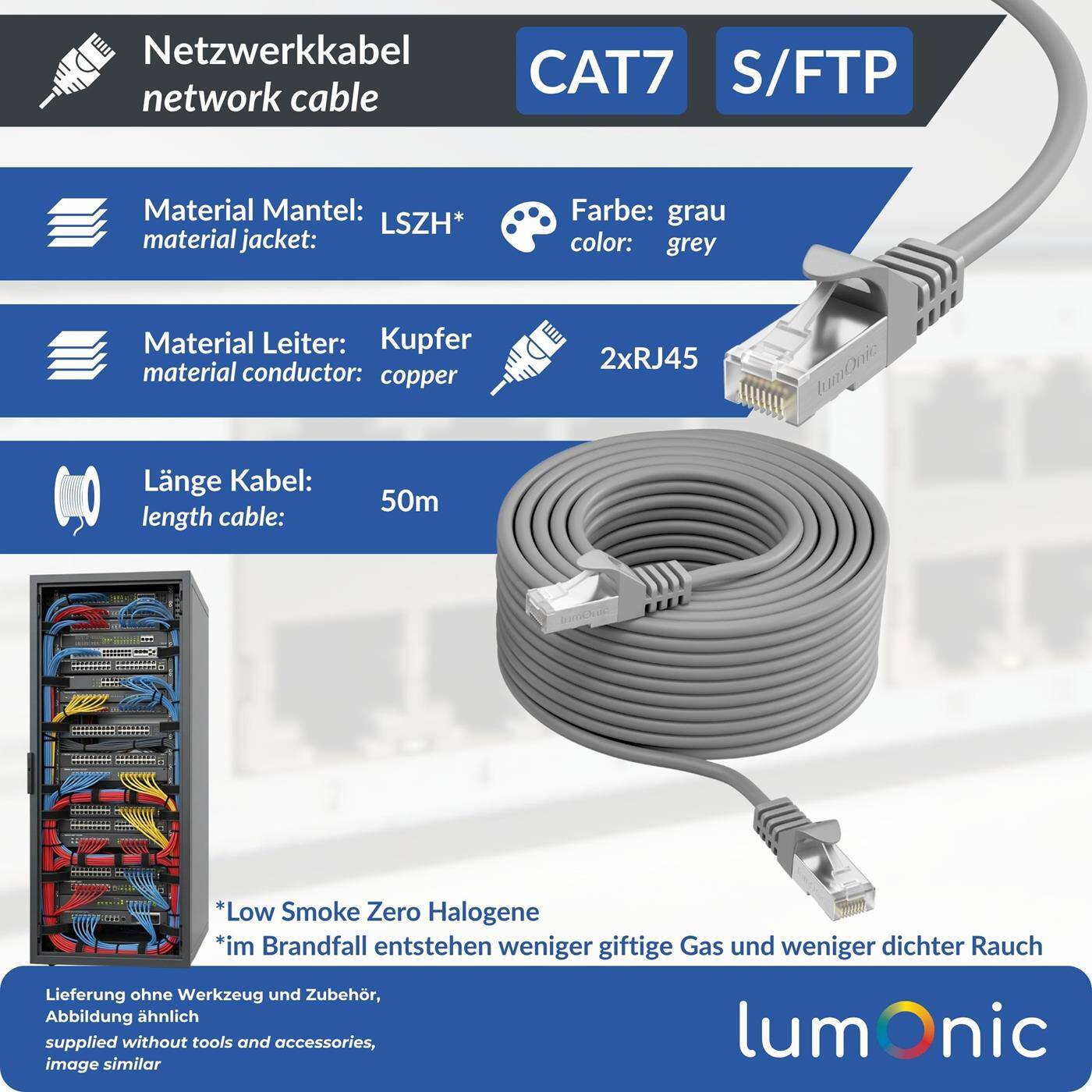 Lumonic CAT7 Patchkabel S/FTP 50m | RJ45 | grau | Ethernet LAN | Netzwerkkabel