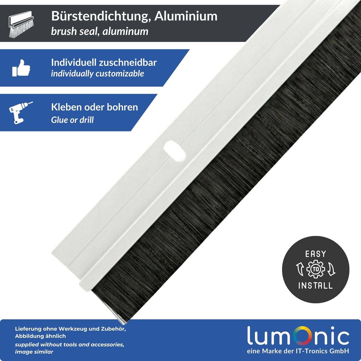 Lumonic 1m Brush seal 20mm | White aluminum profile | Saves heating costs | Screwable + Can be cut to size | Door bottom seal as draught excluder, cold protection, insect protection for doors