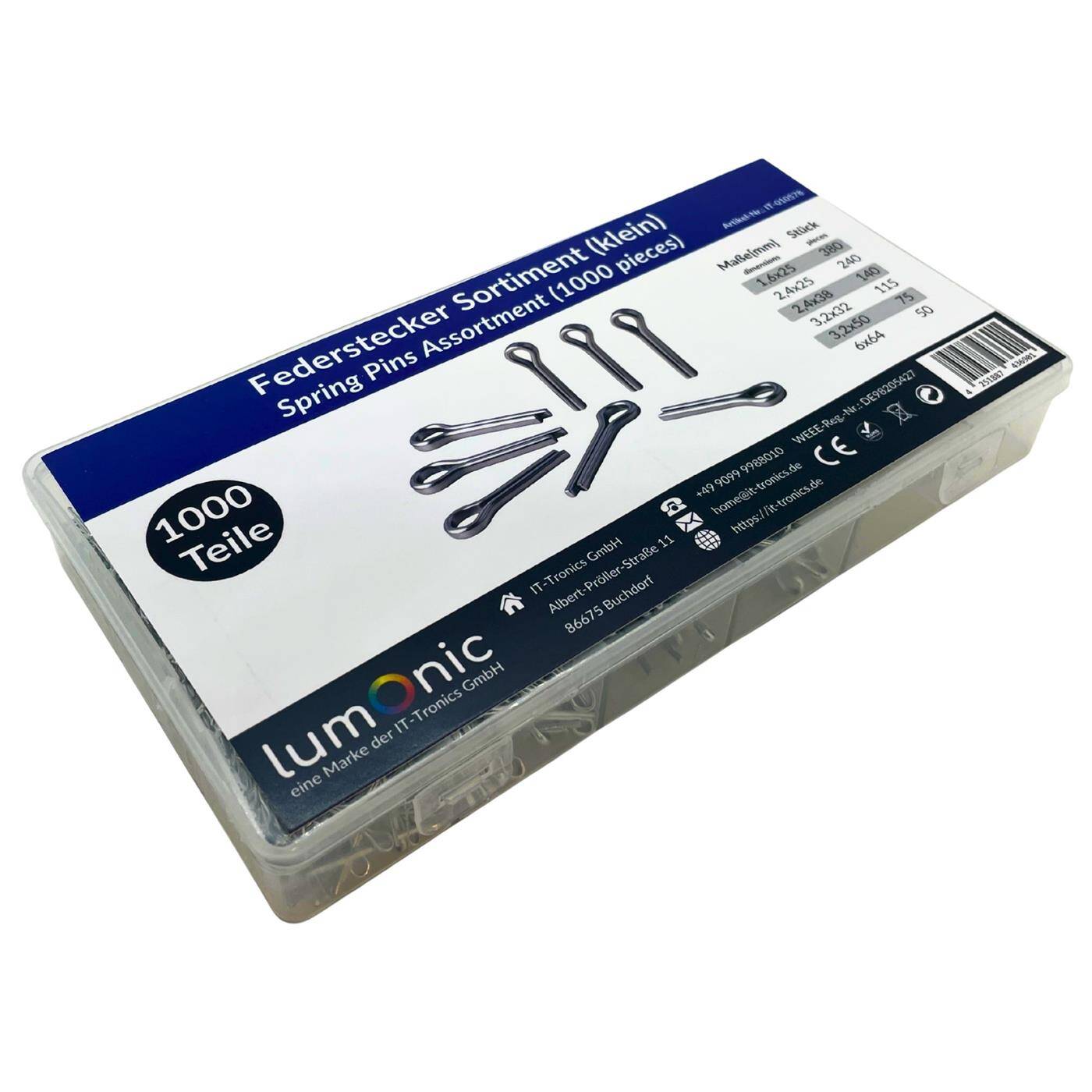 Lumonic Federstecker Sortiment | 150 Teile, 6 Größen (3-8mm) | Splinte Federstahl verzinkt | für Anhänger Traktor Rasenmäher | in praktischer Sortimentsbox