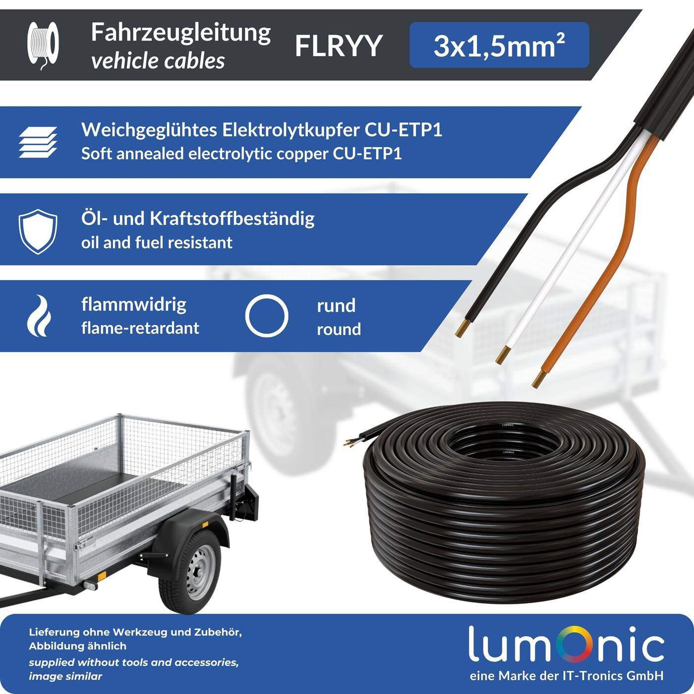 1m FLRYY Fahrzeugleitung 3x1,5mm² rund Kabel KFZ Anhängerkabel Niedervolt