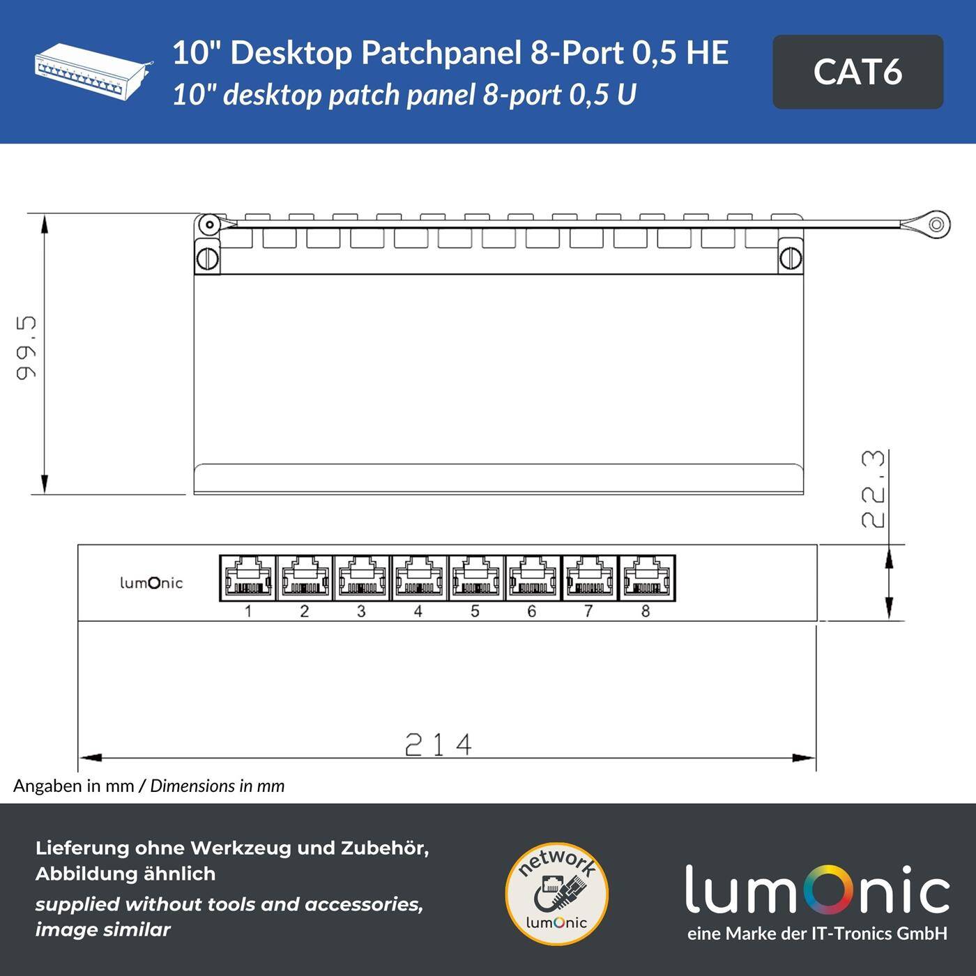 10" Patch panel desktop CAT6, 8 Port, compact 0.5U, LSA mounting, T568A/B color-coded, free-standing, wall-mounted, Shielded black patch panel, Cable management, 1 Gbit/s &amp; PoE