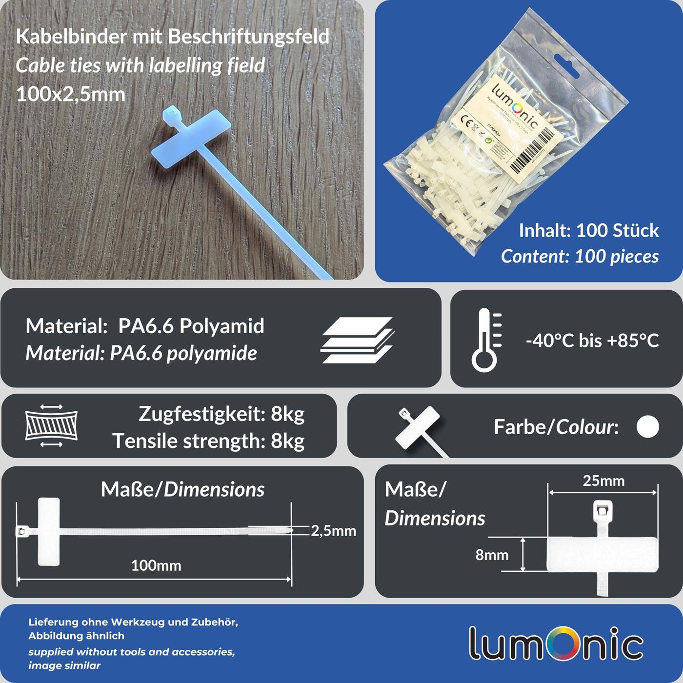 100x Cable tie with Text label 25x8mm 100 x 2,5mm White Natural 8kg PA6.6 Polyamide Industrial quality