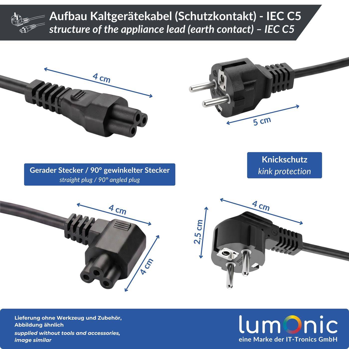 Lumonic Power Cord, Schuko 90° to C5 90° Angled, Black Cloverleaf, 1.8 m, 230 V — Angled plugs on both ends, for ceiling projectors, minimal protrusion, kink protection on both ends