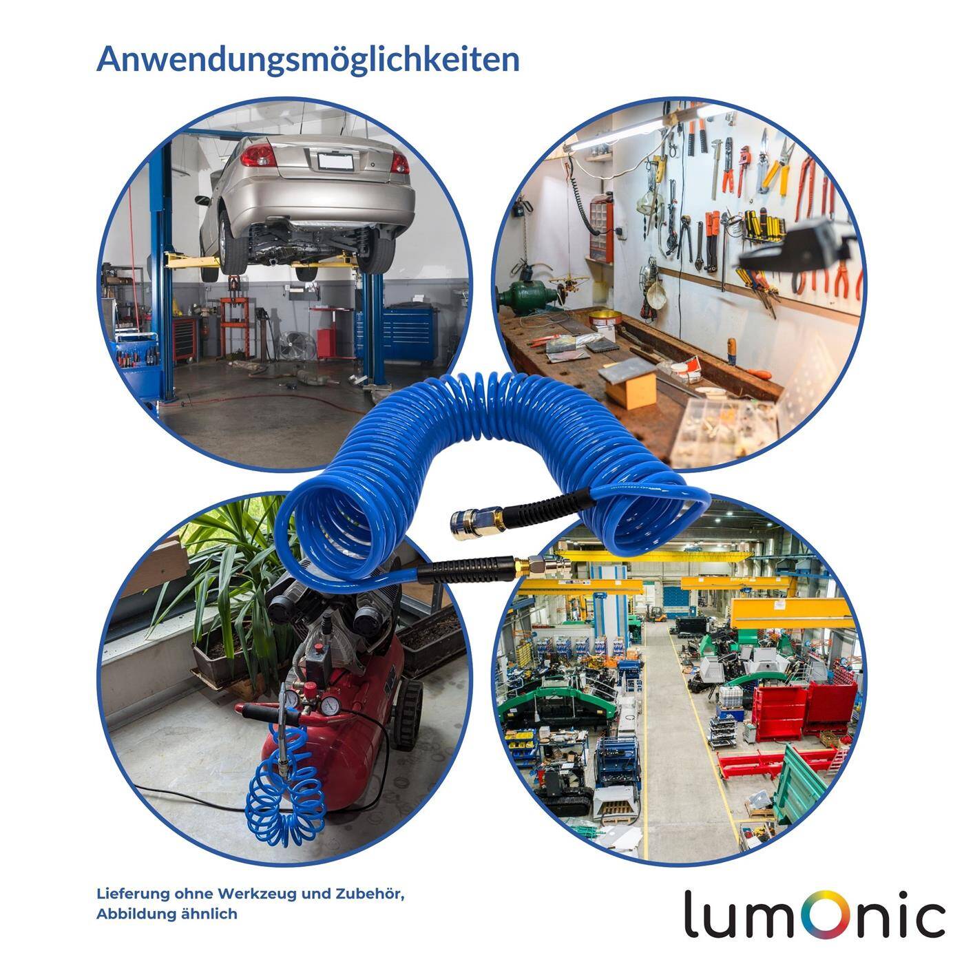 Lumonic I PU Spiralschlauch mit Schnellkupplung I 6,5mm/10mm I 5m I für Kompressoren und Druckluftwerkzeuge I flexibel, abriebfest I Druckluftverlängerung I Dose & Stecker