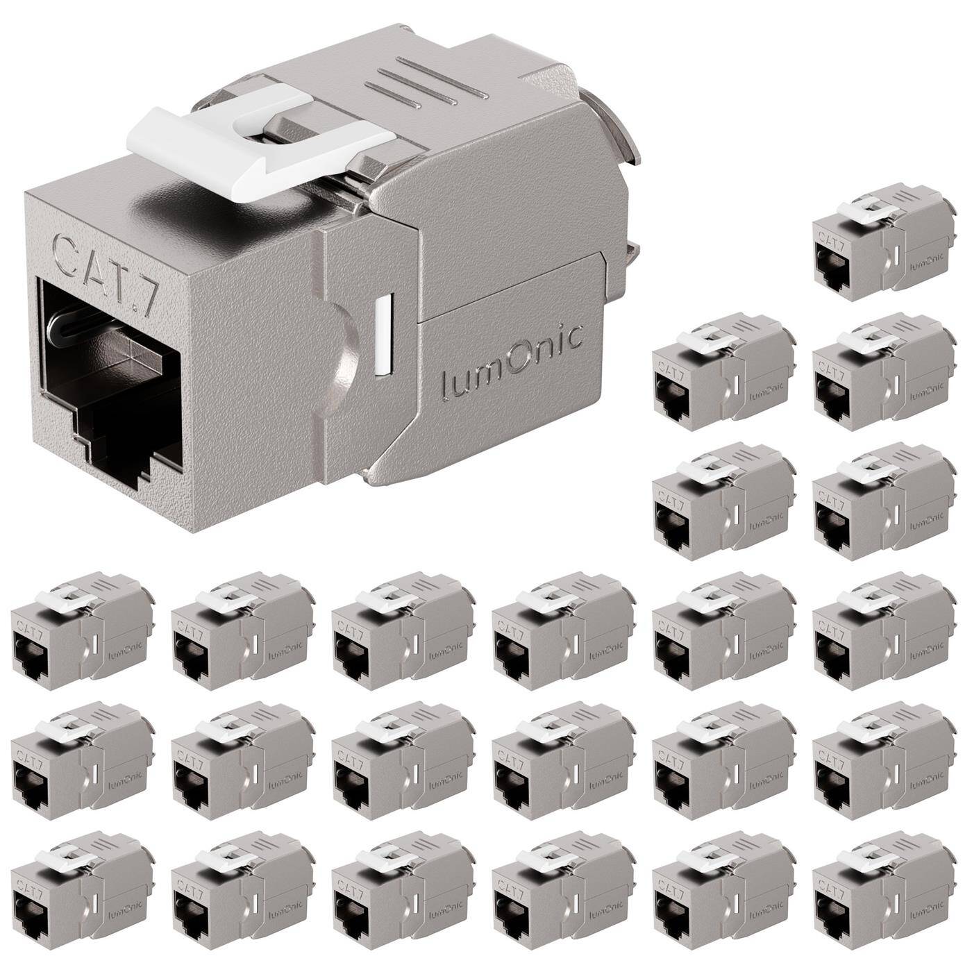 24er Set Keystone RJ45 CAT7, schnelle, werkzeuglose Montage, T568A/B farbcodiert, für Wanddose + Patchpanel, PoE++, bis 10Gbit/s, 360° Schirmung, Zugentlastung mit Kabelbinder, Metallgehäuse, Jack Modul