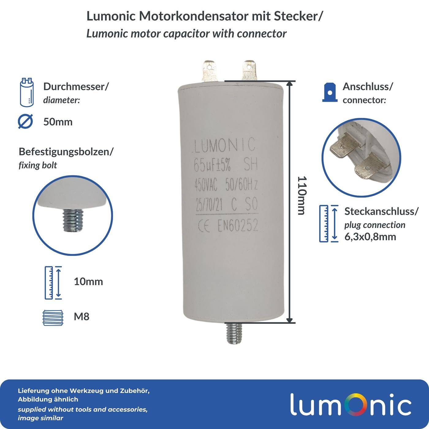 Lumonic Anlaufkondensator 65µF 450V | mit Stecker I 50x110mm I 65uF I Motorkondensator mit Kunststoffgehäuse I Betriebskondensator I für Pumpen, Rasenmäher, Werkzeuge