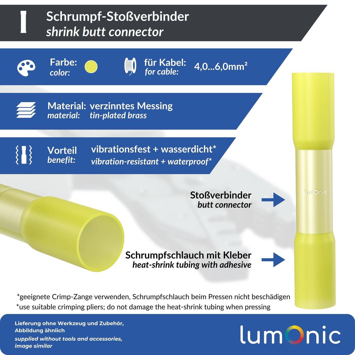 Lumonic 25x Shrink-fit butt connectors Waterproof | 4-6mm² Yellow | without soldering | Cable connector with heat-shrink tubing + adhesive for automotive, garden &amp; electrical applications | for cable repair