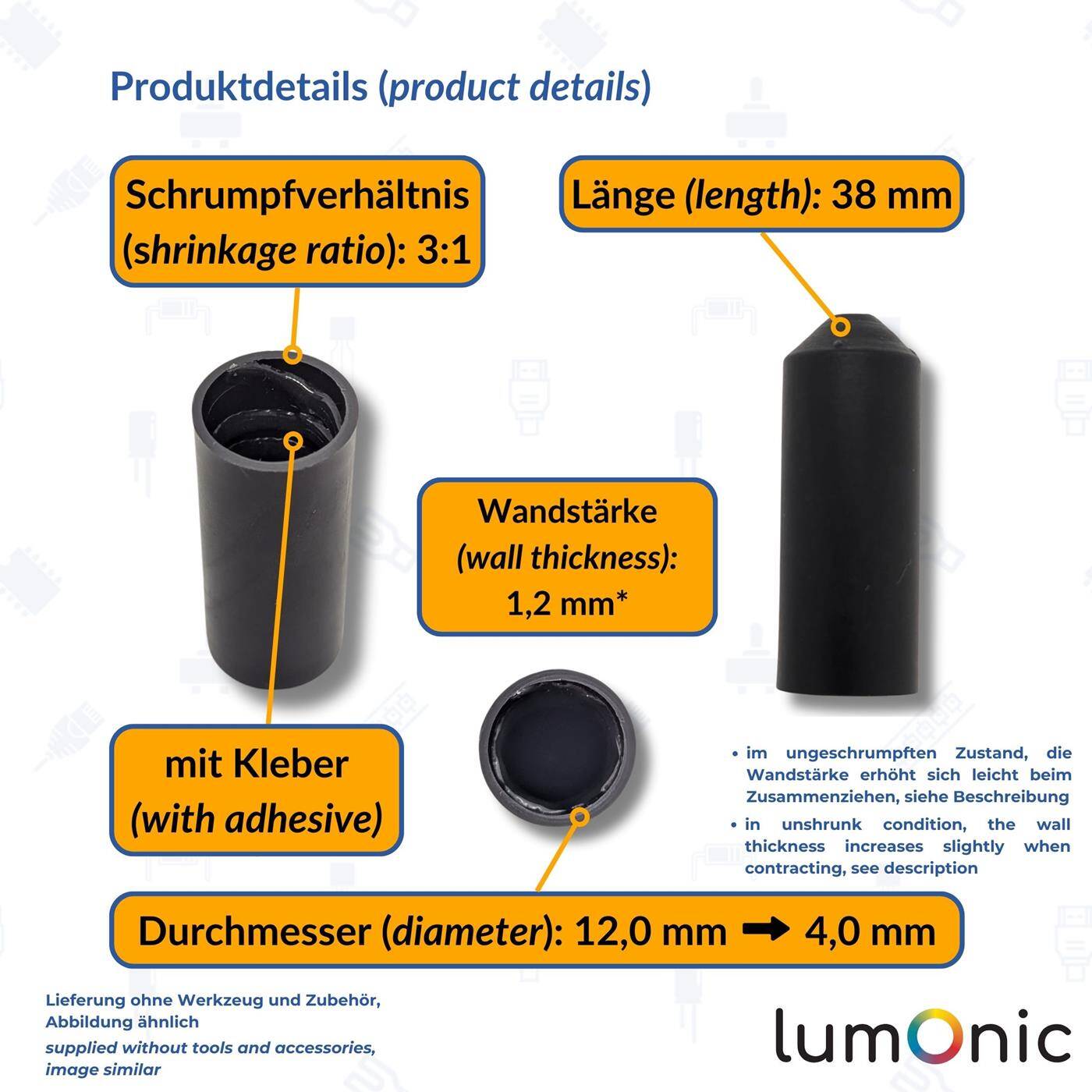 1 Stück Warmschrumpf Endkappe mit Kleber I 12 -> 4mm I schwarz I Verhältnis 3:1 I vernetztes Polyolefin I Schrumpfkappe I für Kabel, Rohre und Seile