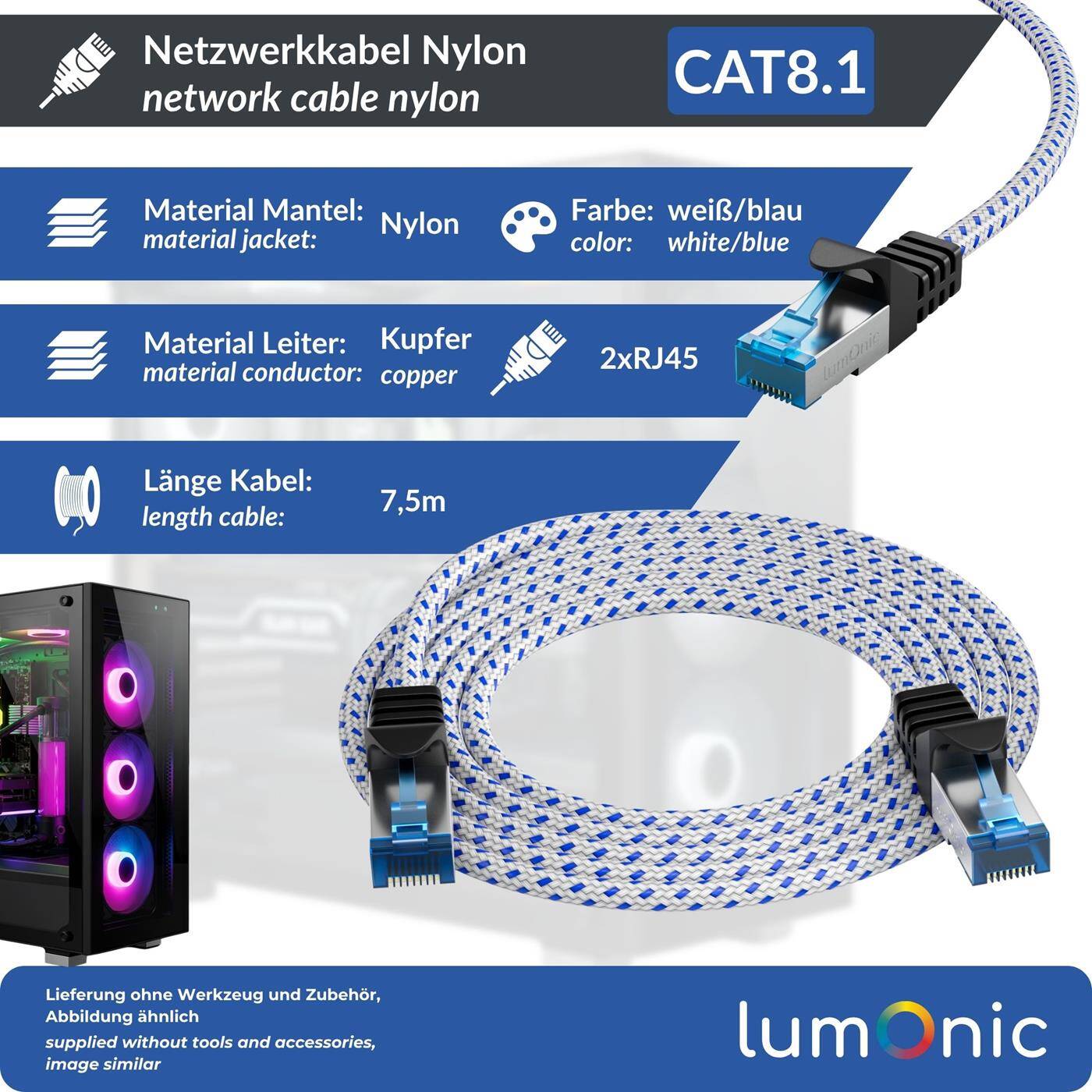 7,5m CAT8.1 Patch Cable S/FTP RJ45 White Blue Premium nylon look Ethernet LAN Network cable