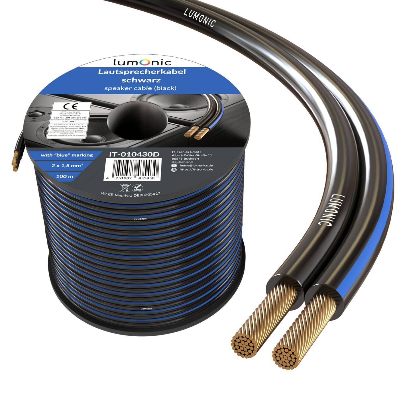 Lumonic Lautsprecherkabel | 100m Schwarz | 2x 1,5mm² CCA | blaue Markierung HiFi Boxenkabel | Audio Zwillingsleitung
