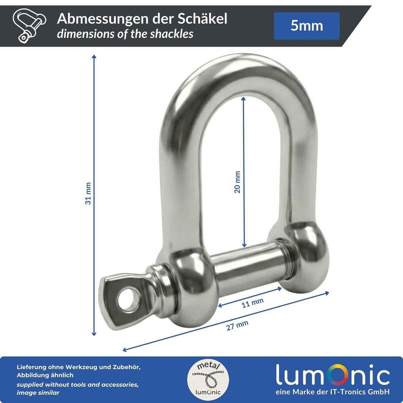 Lumonic Shackle V4A stainless steel | 5mm | Stainless + seawater resistant | Smooth-running thread | D-shackle for hammock, awning, rigging, chains