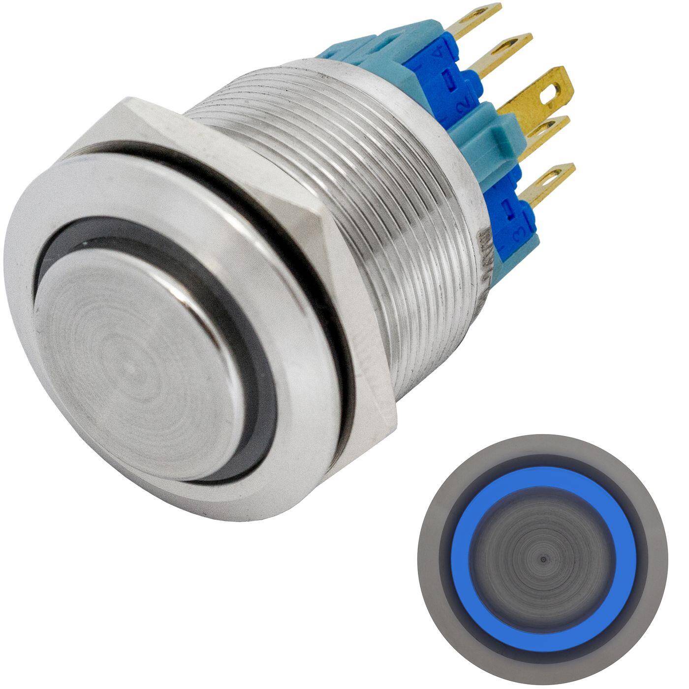 Stainless steel Pressure switch raised Ø22mm Ring LED Blue IP65 2,8x0,5mm Pins 250V 3A Vandal-proof
