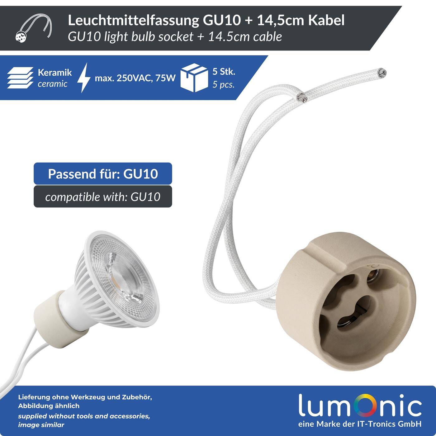 GU10 Leuchtmittel Fassung Keramik + 14,5cm Kabel für Lampen 230V