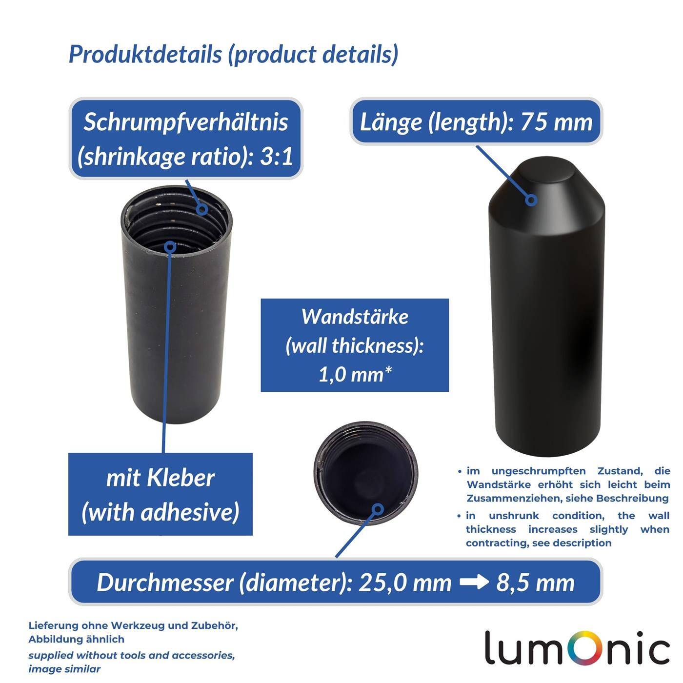Lumonic I Warmschrumpf Endkappe mit Kleber I 25 -> 8,5mm I schwarz I Verhältnis 3:1 I vernetztes Polyolefin I Schrumpfkappe I für Kabel, Rohre und Seile