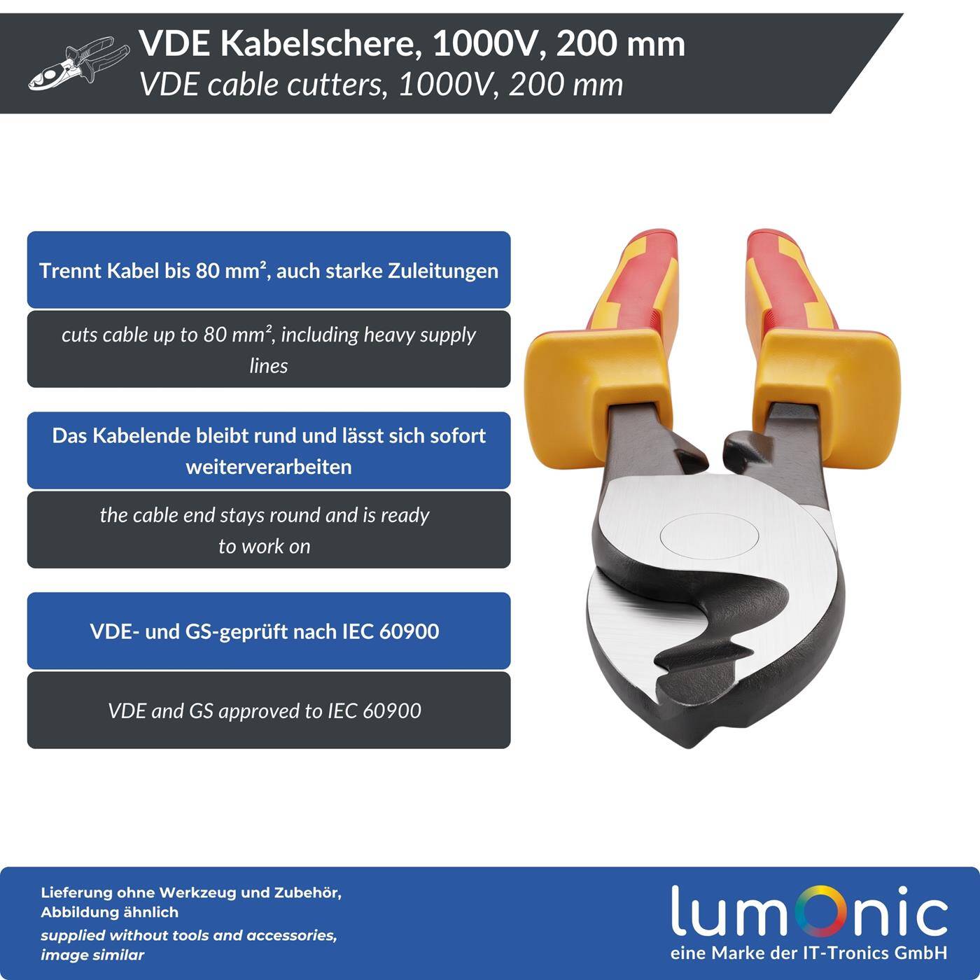 Lumonic VDE Cable Cutters 1000V, up to 80 mm², 240 mm - Hardened cutting edges, 60CrV steel, two-component handle, for supply cables in distribution systems and service connections