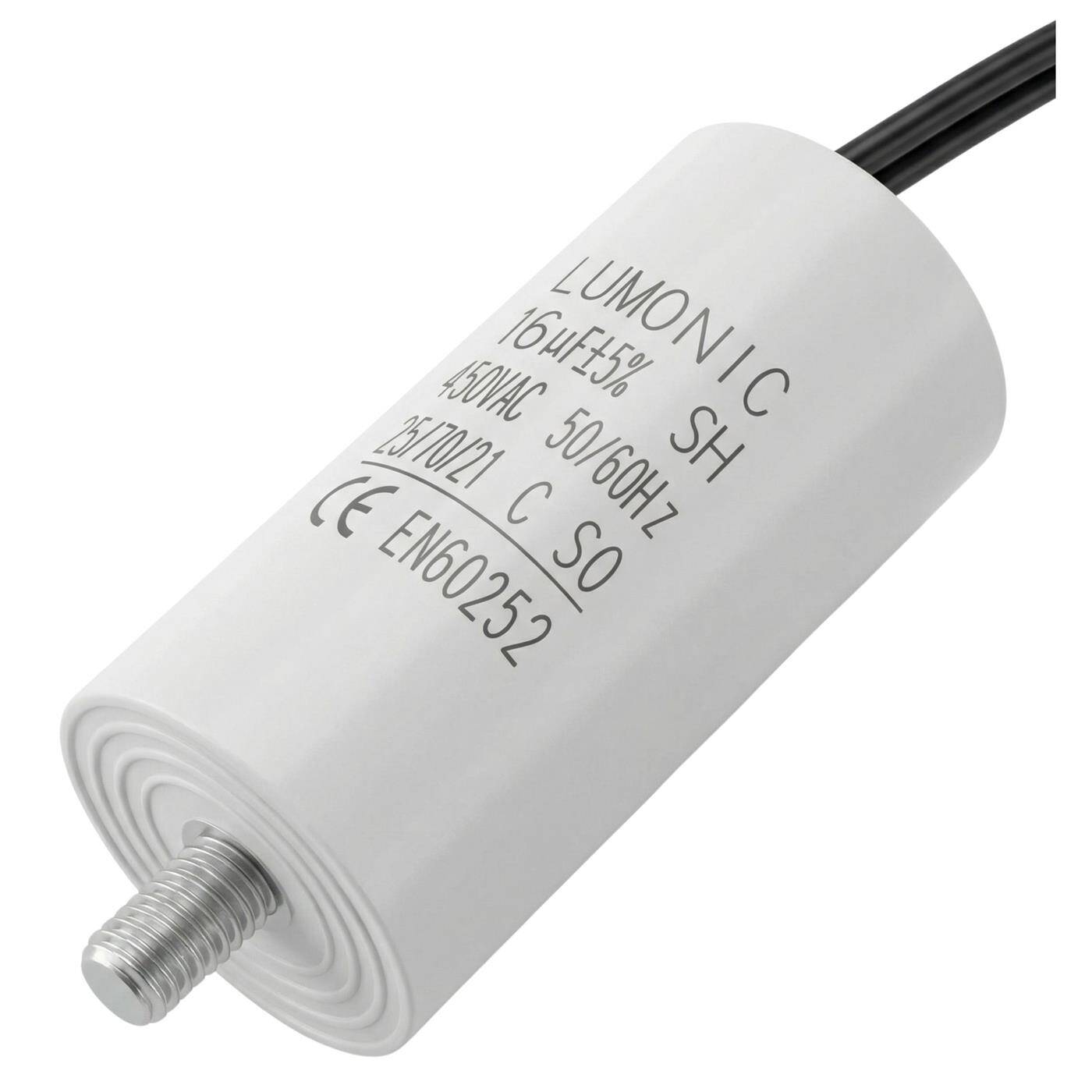 Lumonic Anlaufkondensator 16µF 450V | mit Kabel I 34x70mm I 16uF I Motorkondensator mit Kunststoffgehäuse I Betriebskondensator I für Pumpen, Rasenmäher, Werkzeuge