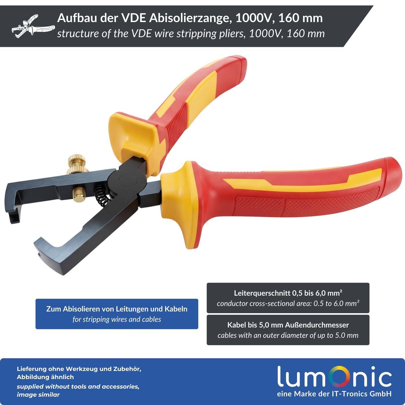 Lumonic VDE Wire Stripping Pliers 1000V, 0.5–6 mm², 160 mm — For cables up to 5 mm in diameter, 60CrV steel, two-component handle, for electrical installations and workshops