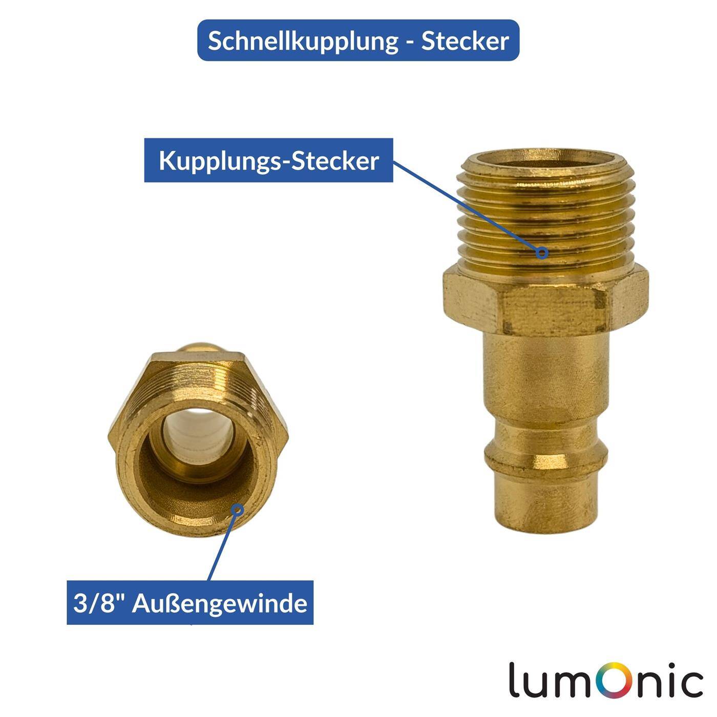 Lumonic I Kupplungsstecker mit Außengewinde I 3/8" I aus Messing I Druckluftkupplung-Stecker I Schnellkupplung I für Werkstätten, Betriebe und Heimwerker