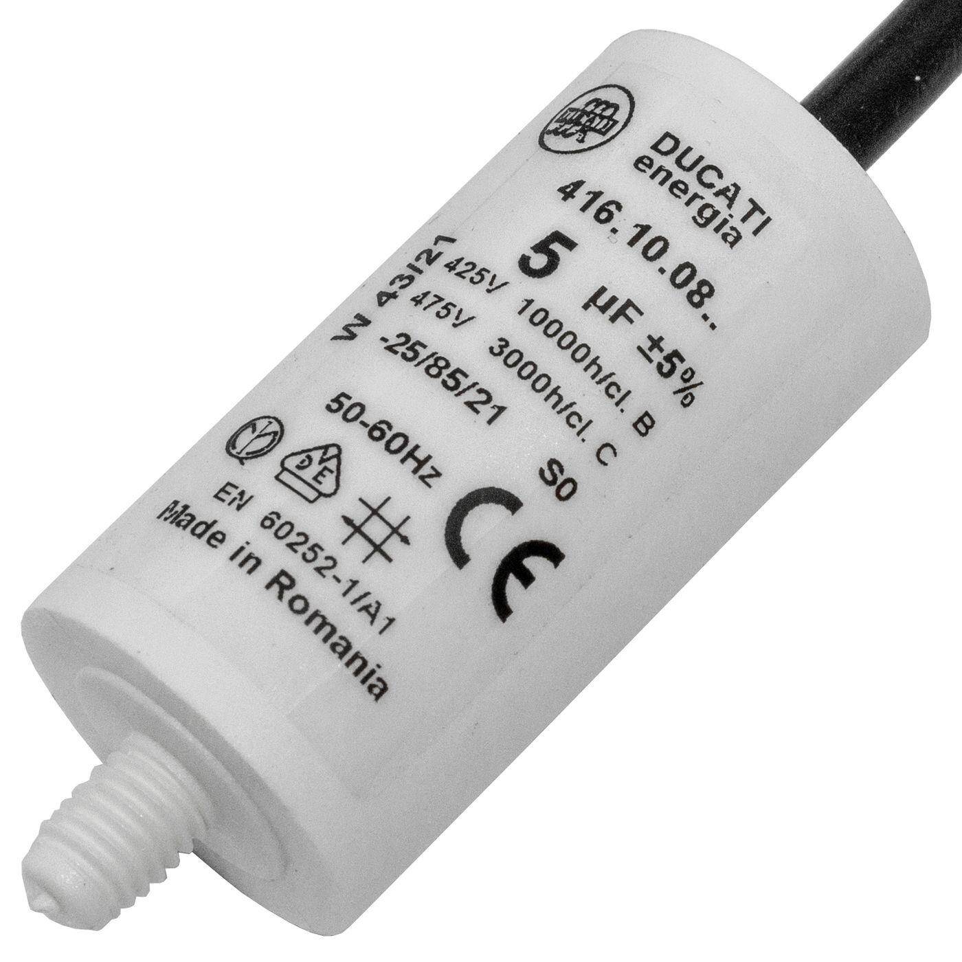 Anlaufkondensator Motorkondensator 5µF 425V 28x55mm Kabel 35cm Ducati 416.10.08 B 5uF