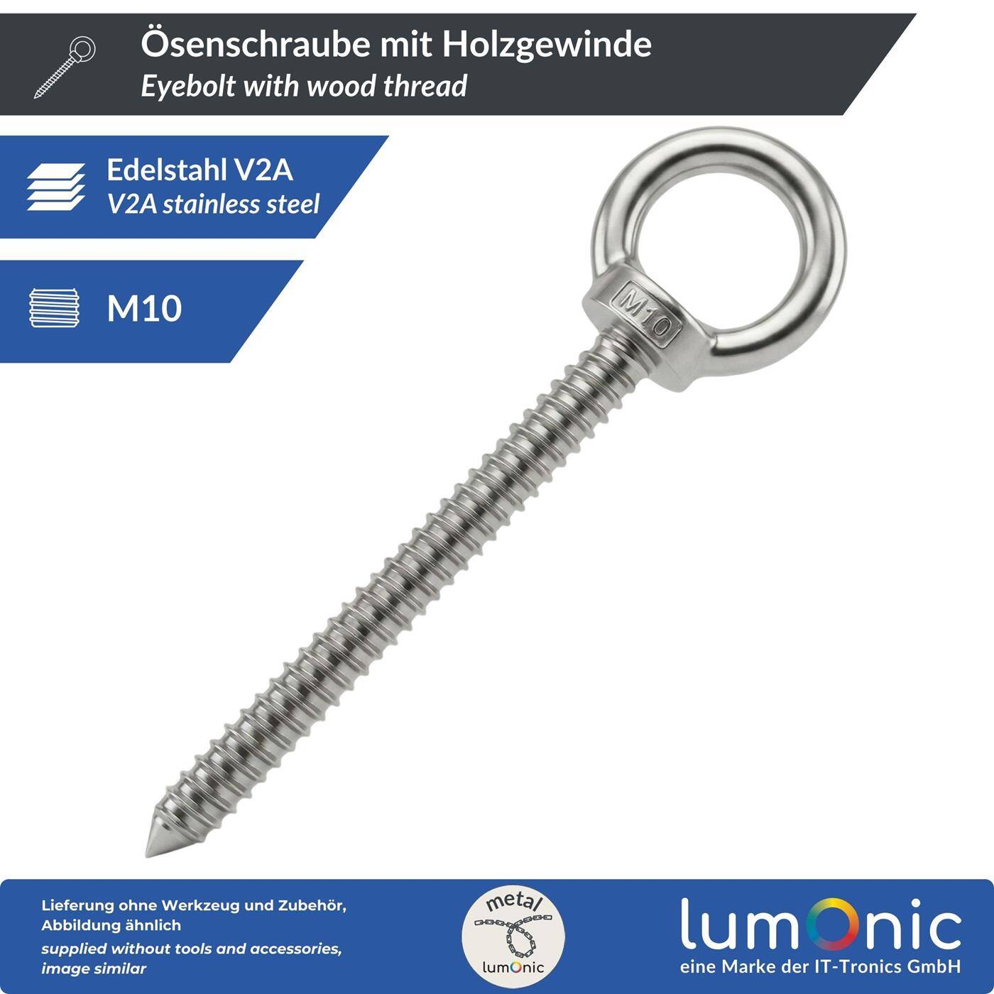 Lumonic Ösenschraube V2A Edelstahl mit Holzgewinde | M10x100mm |  | Befestigung an Balken/Holzpfosten | Ringschraube für Sonnensegel, Hängematte, Schaukel + Ketten