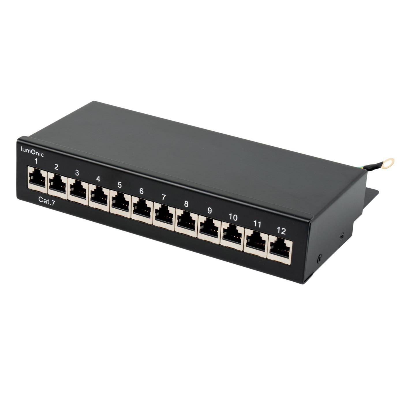 10" Patchpanel Desktop CAT7, 12 Port, 1HE mit Beschriftungsfeld, LSA-Montage, T568A/B farbcodiert, freistehend, Wandmontage, geschirmtes schwarzes Patchfeld, Kabelmanagement, 10 Gbit/s & PoE