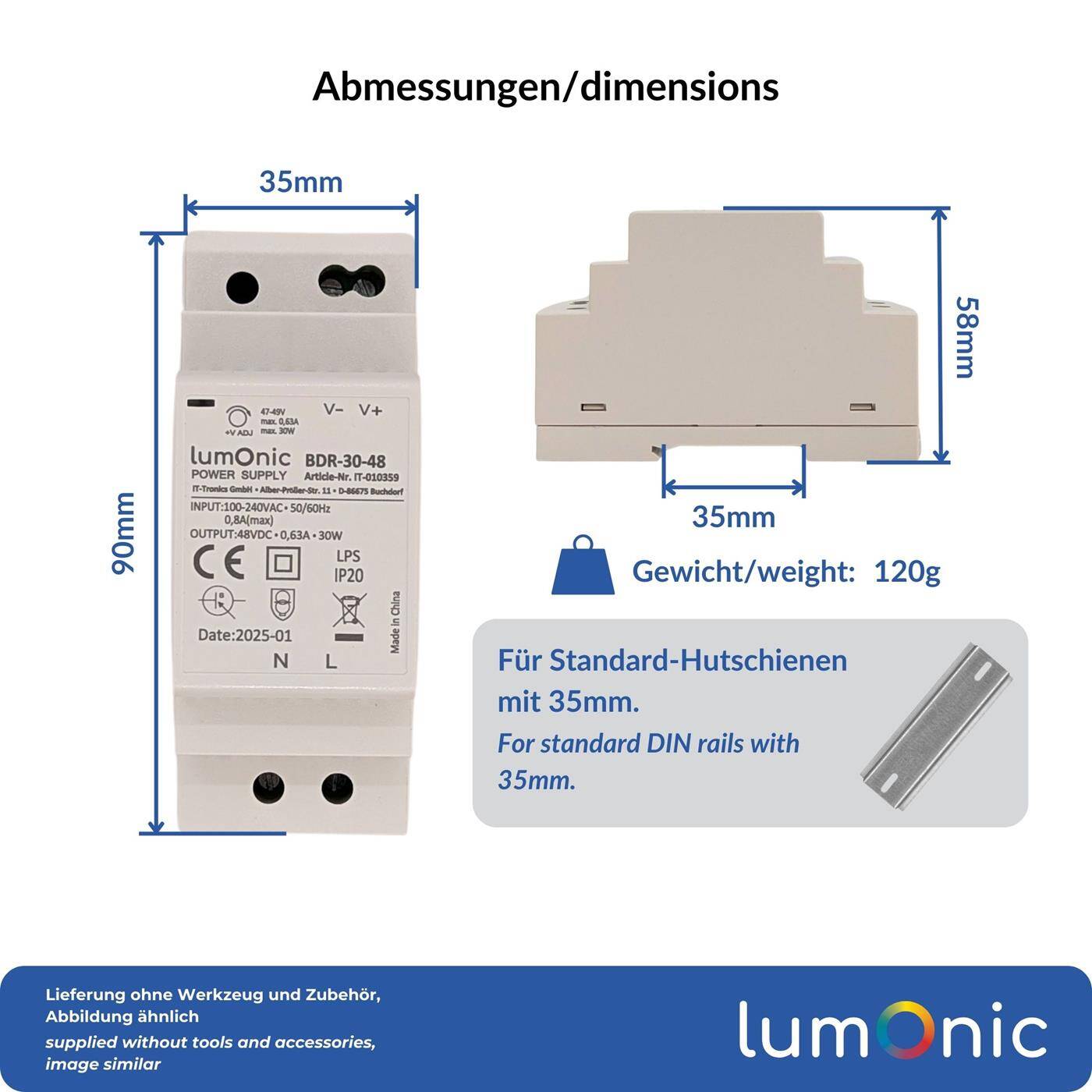 Lumonic I Netzteil Hutschiene BDR-30-48 I 48V / 30W I Input 100-240VAC I Überlastschutz & kurzschlussfest I DIN-Rail Schaltnetzteil I Schaltschrank & Verteilerkasten