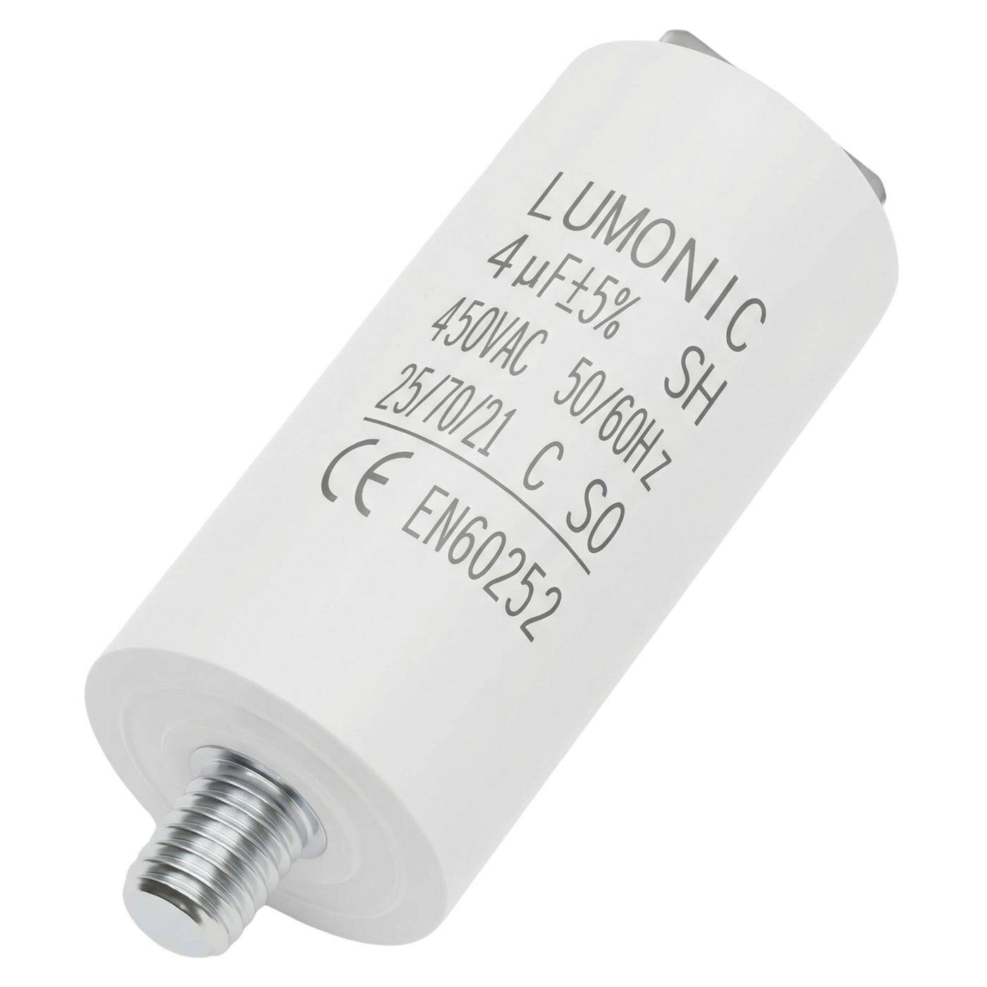 Lumonic Anlaufkondensator 4µF 450V | mit Stecker I 26x55mm I 4uF I Motorkondensator mit Kunststoffgehäuse I Betriebskondensator I für Pumpen, Rasenmäher, Werkzeuge