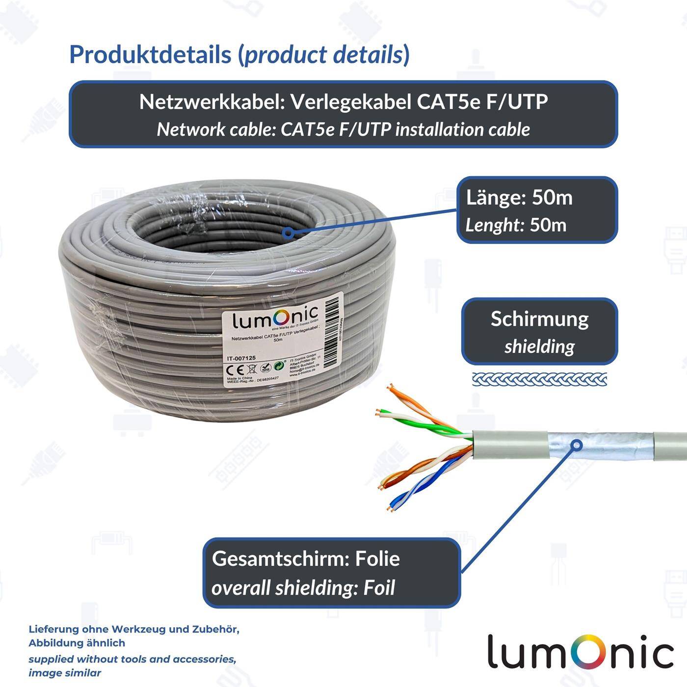 Lumonic 50m Netzwerkkabel CAT 5e F/UTP I CAT5e-kabel, Gigabit Lan Kabel, Ethernet Kabel I Flexibles Verlegekabel geschirmt, für den Innenbereich bis 100 MHz