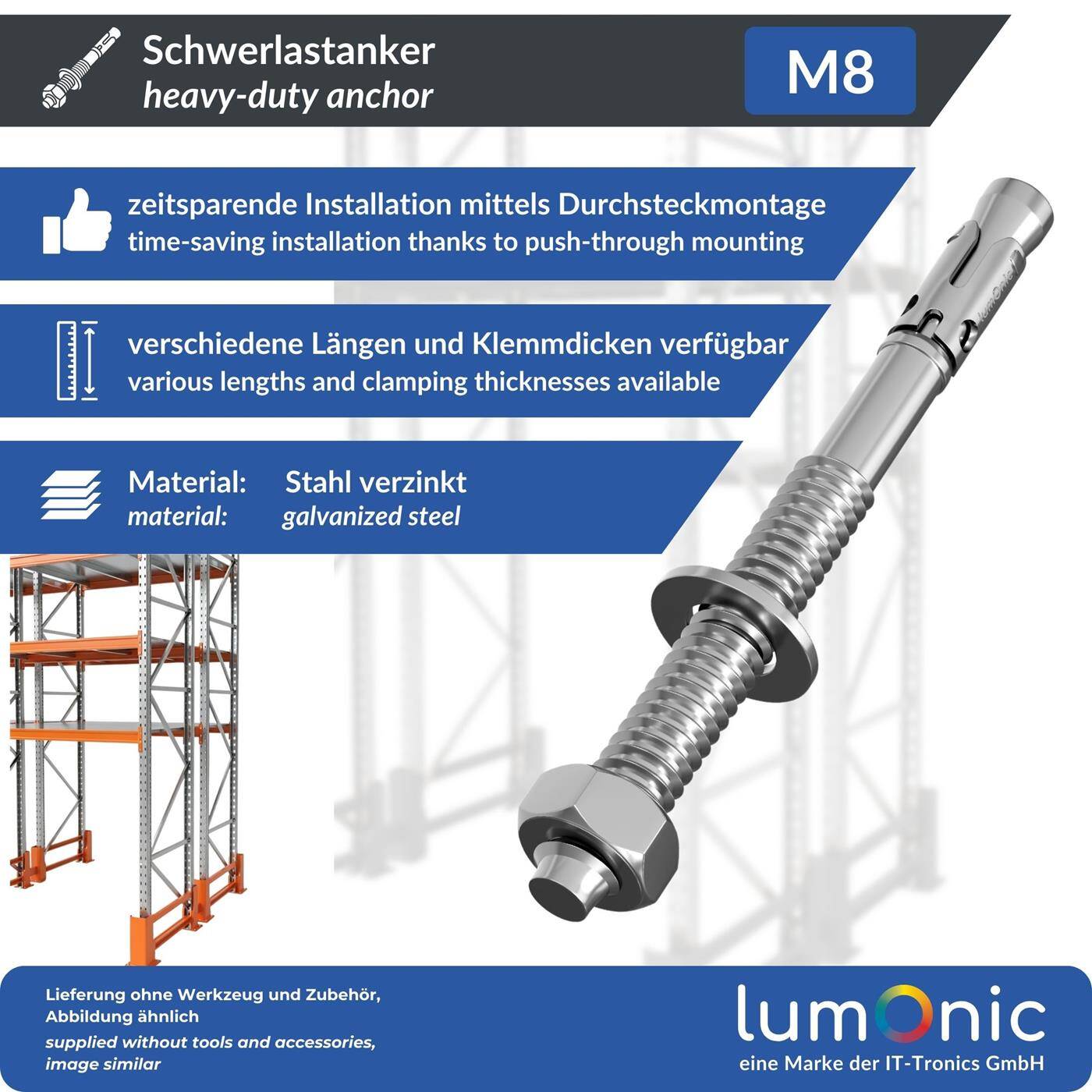 Lumonic Heavy Duty Anchor M8 x 95mm | High-quality galvanized wedge anchors | Push-through mounting, IMMEDIATELY LOADABLE | Concrete anchor, Heavy duty anchor | for canopies, Railing, Shelves, Partition walls