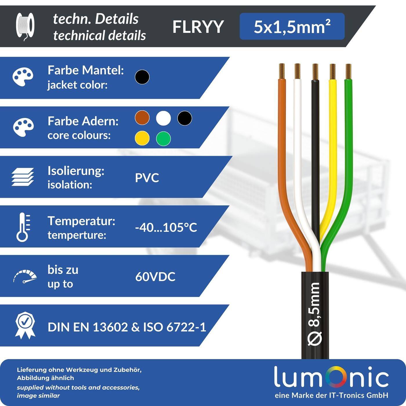 1m FLRYY Fahrzeugleitung 5x1,5mm² rund Kabel KFZ Anhängerkabel Niedervolt