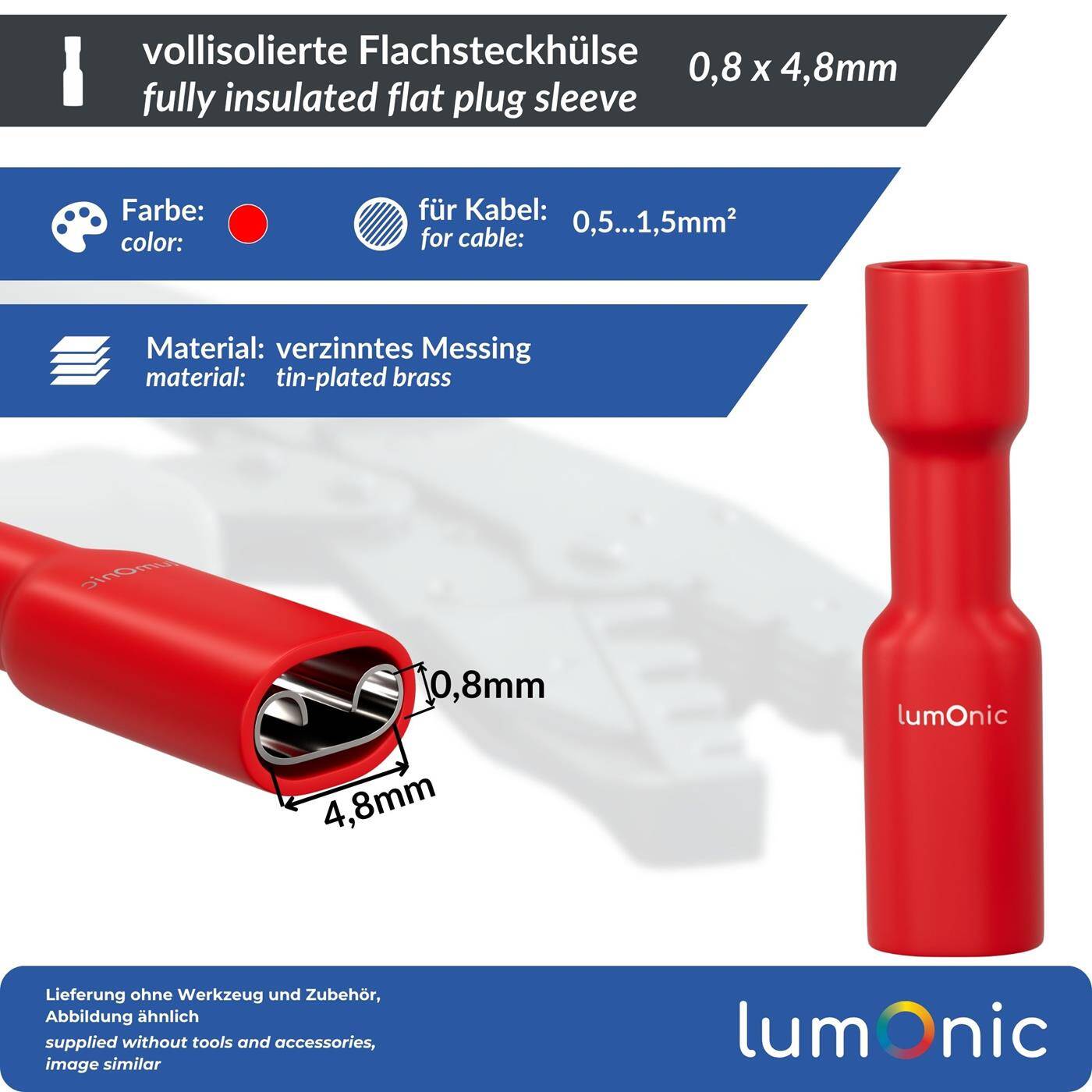 25x Flat receptacle fully insulated 0,5-1,5mm² Plug-in dimension 0,8x4,8mm Red for flat plug Brass tinned 25x Flat receptacle fully insulated 0,5-1,5mm² Plug-in dimension 0,8x4,8mm Red for flat plug Brass tinned