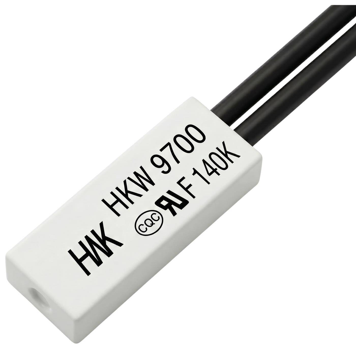 Lumonic HKW9700 Temperaturschalter flach | 140°C ± 5°C | Schließer NO | max. AC 250V/5A | max. DC 24V/8A | Kabel 70mm | 21x8x4mm | Thermoschalter, Bimetall, KSD9700 | Motoren, Setzteile, Heizlüfter