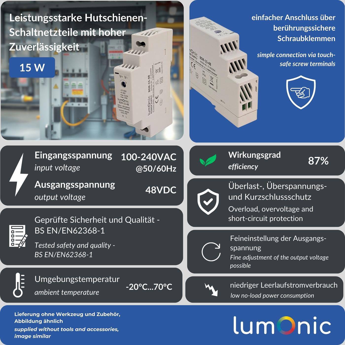 Lumonic I Top-hat rail power supply unit BDR-15-48 I 48V / 15W I Input 100-240VAC I Overload protection I DIN-Rail switching power supply I Switch cabinet