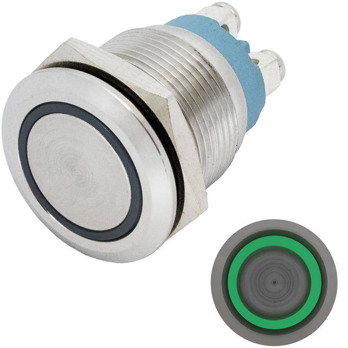 Stainless steel Push button Flat Ø19mm Ring LED Green IP65 Screw Connection 250V 3A Vandal-proof