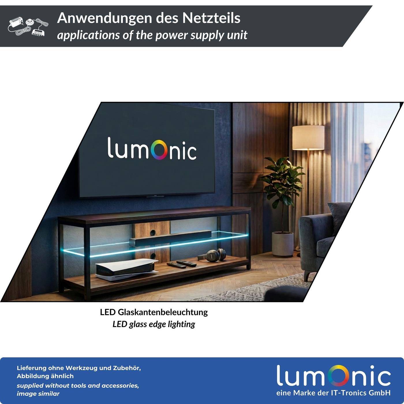 Lumonic LED Netzteil Glaskantenbeleuchtung 12V 18W mit Fußschalter & 6-fach Verteiler | 340cm | Plug & Play | Trafo für Glasbodenbeleuchtung
