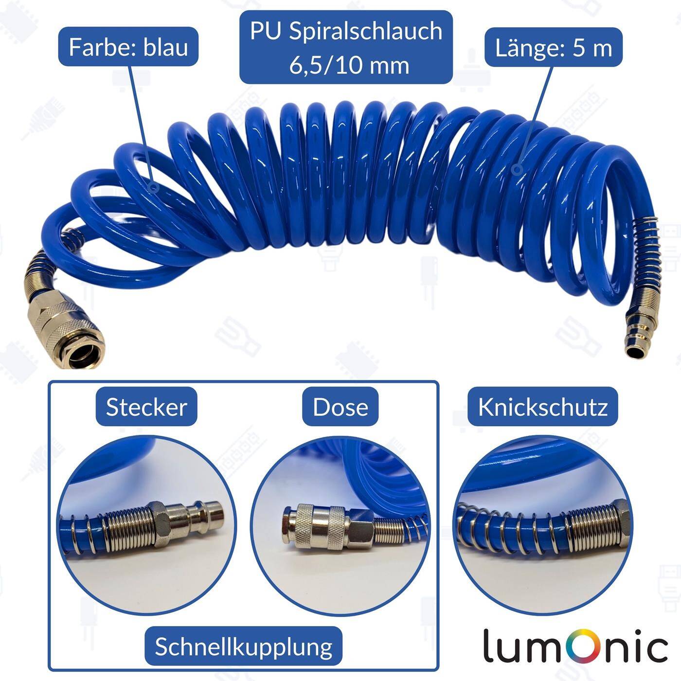 PU Spiralschlauch mit Schnellkupplung 6,5mm/10mm 5m für Kompressoren und Druckluftwerkzeuge flexibel, abriebfest Druckluftverlängerung Dose & Stecker