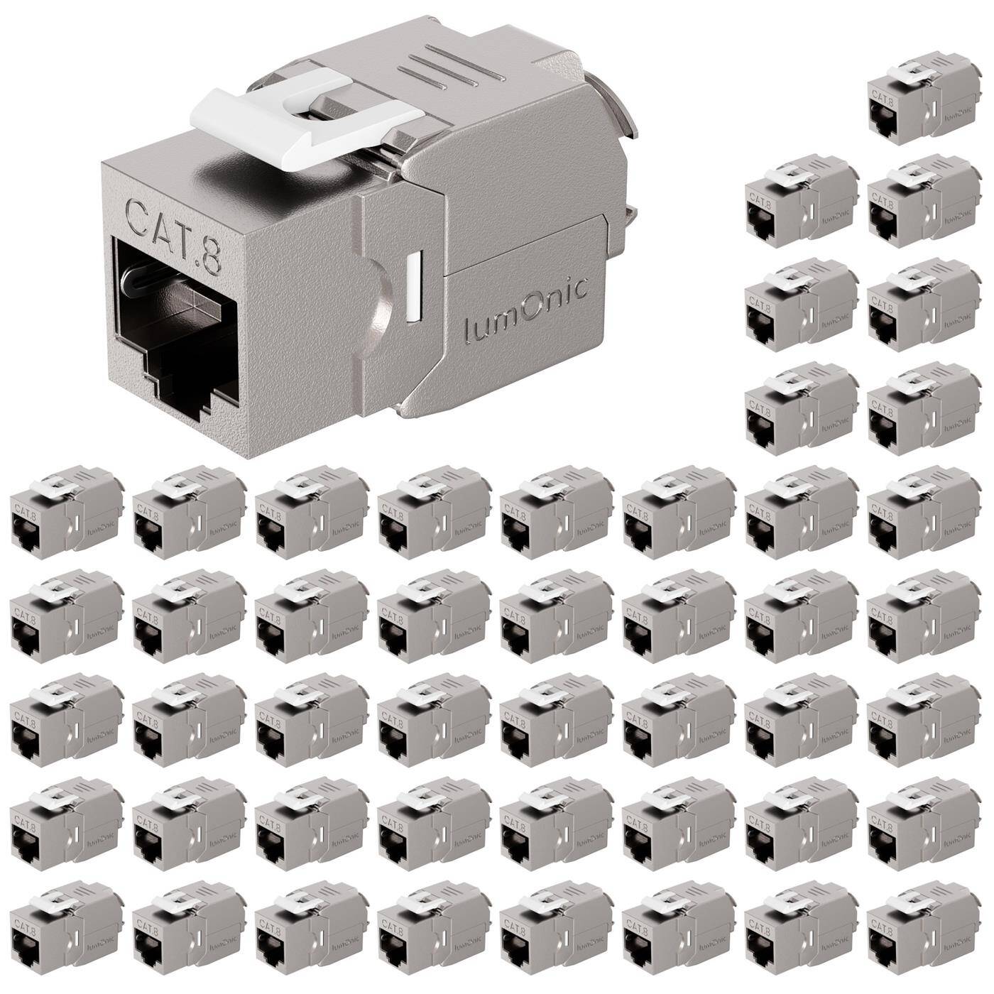 Set of 48 Keystone RJ45 CAT8.1, Simple, tool-free installation, T568A/B color-coded, for wall box &amp; patch panel, PoE, up to 40Gbit/s, 360° shielding, Strain relief with cable tie, Metal housing, Jack module