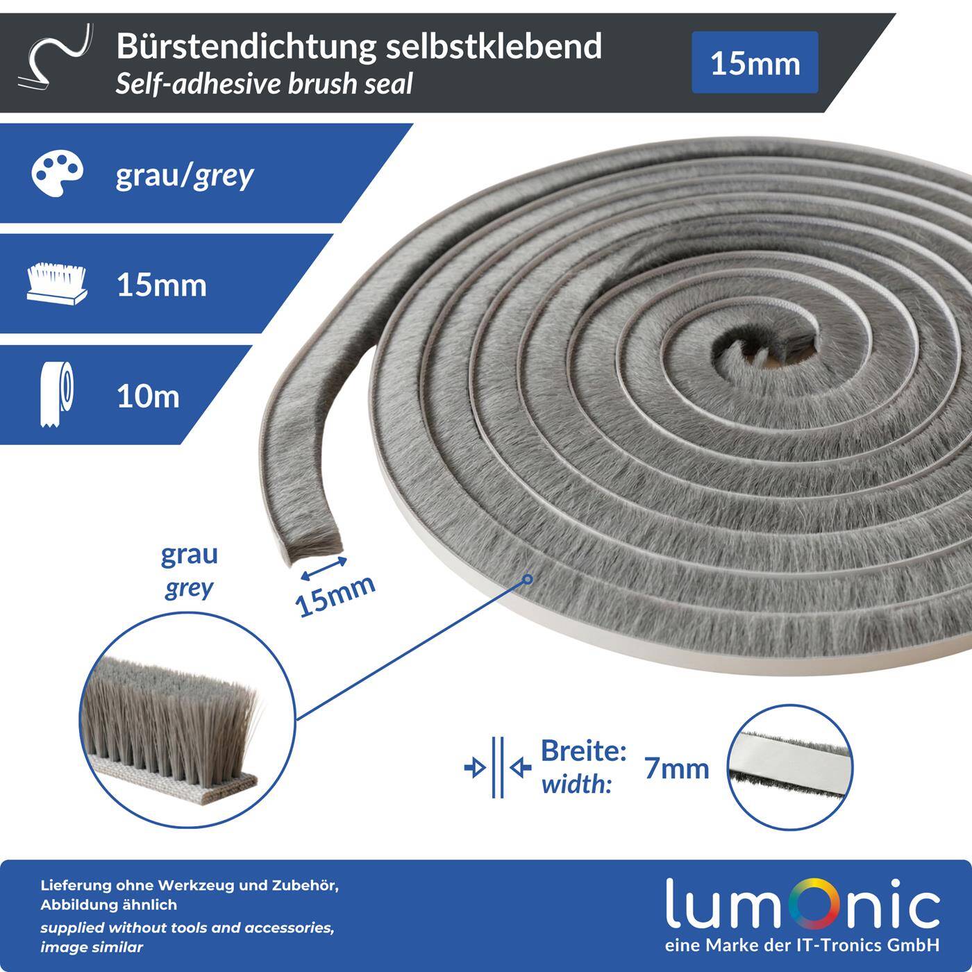 Lumonic 10m Bürstendichtung grau 15mm | Selbstklebend + Zuschneidbar | Zugluftstopper, Kälteschutz, Insektenschutz für Fenster, Türen, Schrank