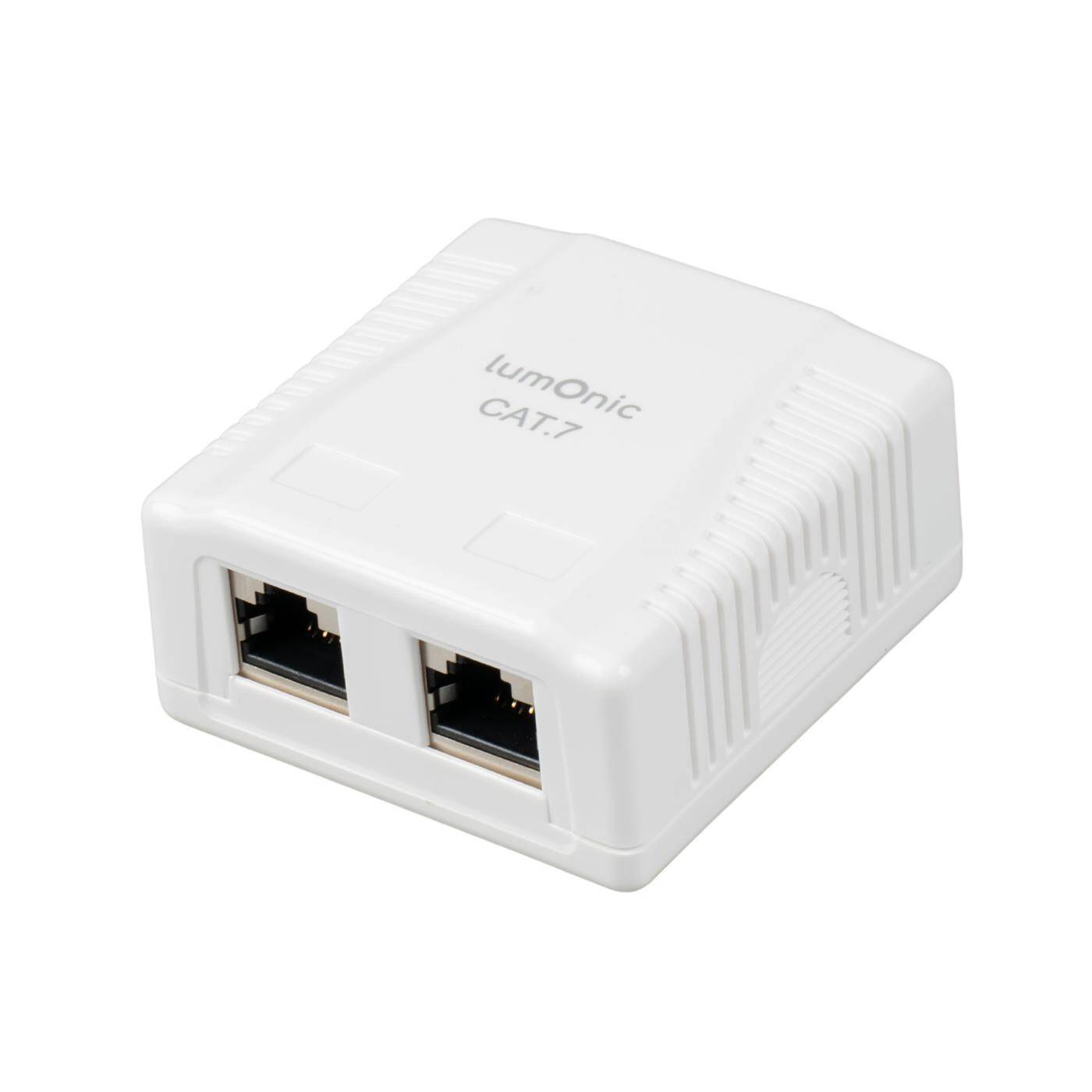 Surface-mounted network socket CAT7, 2-Port RJ45, Bottom connection, Retrofit without caulking, LSA mounting, T568A/B color-coded, ABS plastic housing, white, Ethernet socket up to 10 Gbit/s