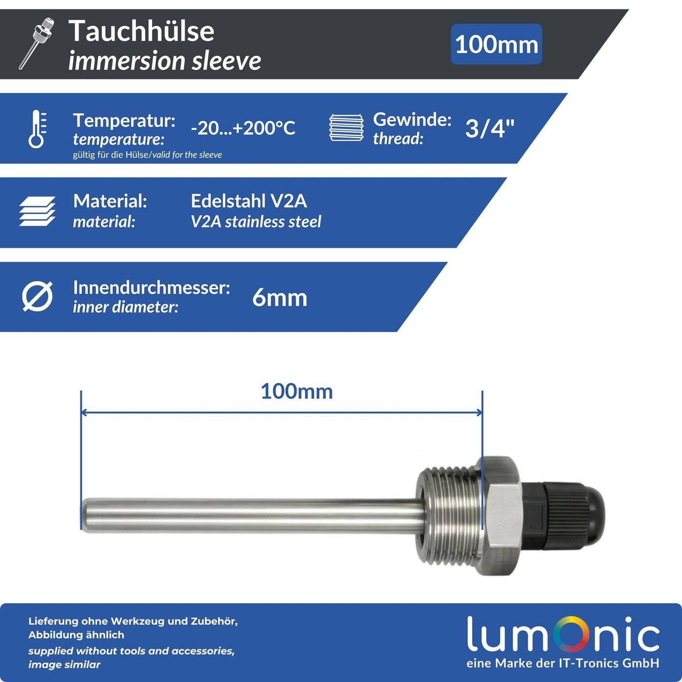 Lumonic Immersion sleeve V2A stainless steel 3/4 inch | 100mm Installation length | Perfect fit for 6mm temperature sensors | for buffer storage, heating, solar + smart home