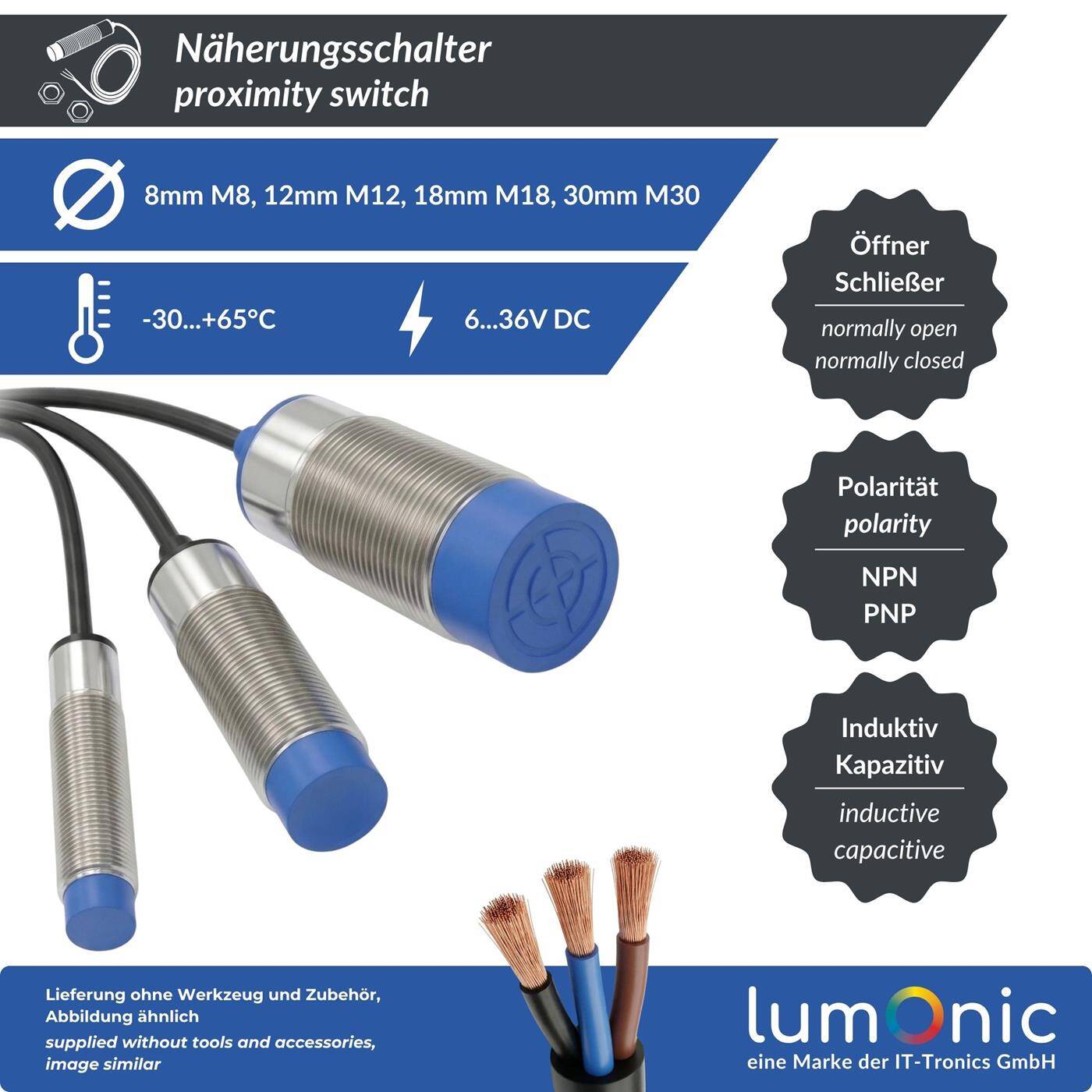 Lumonic Näherungsschalter  | M30 ?30mm | 6…36V DC | Öffner, NPN, IP67 | Erfassungsbereich < 10mm | Näherungssensor aus Messing, vernickelt | Endschalter mit offenem Kabelende