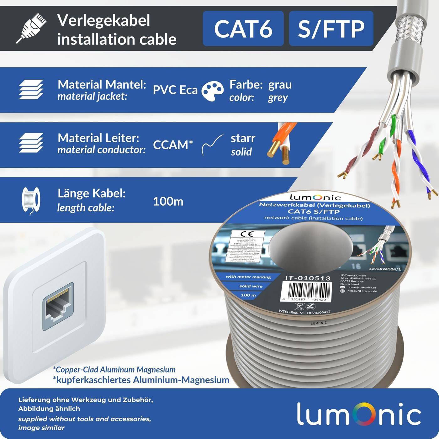 Lumonic LAN Network cable 100m | LAN Cable CAT6 S/FTP | Installation Cable 4x 2x AWG24/1 (solid) | 250MHz 10 Gbit/s Ethernet