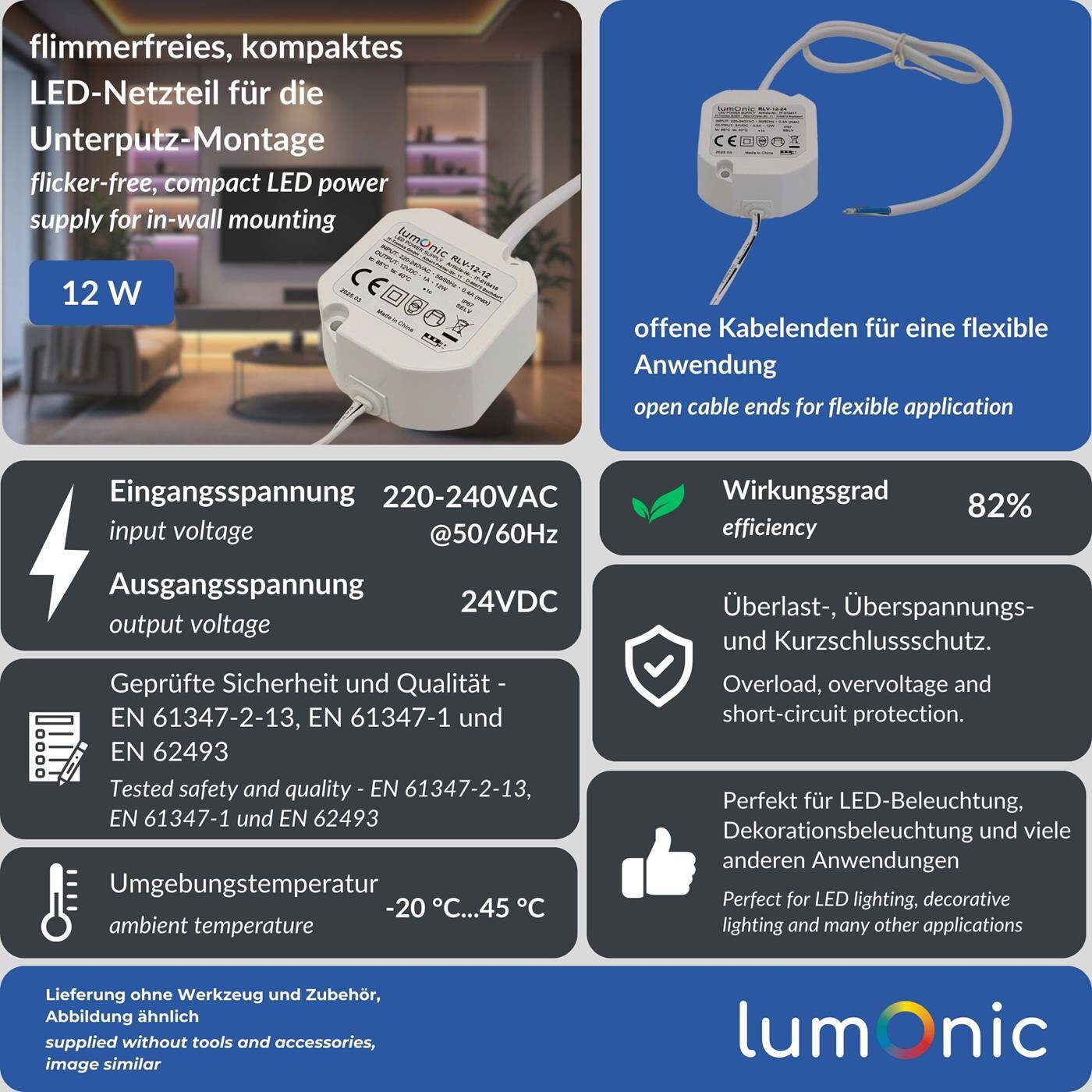 LED Unterputz Netzteil RLV-12-24 24V 12W Input 220-230VAC flimmerfrei & wasserdicht Überlastschutz kompaktes LED-Netzteil für LED-Beleuchtung & Smart-Home