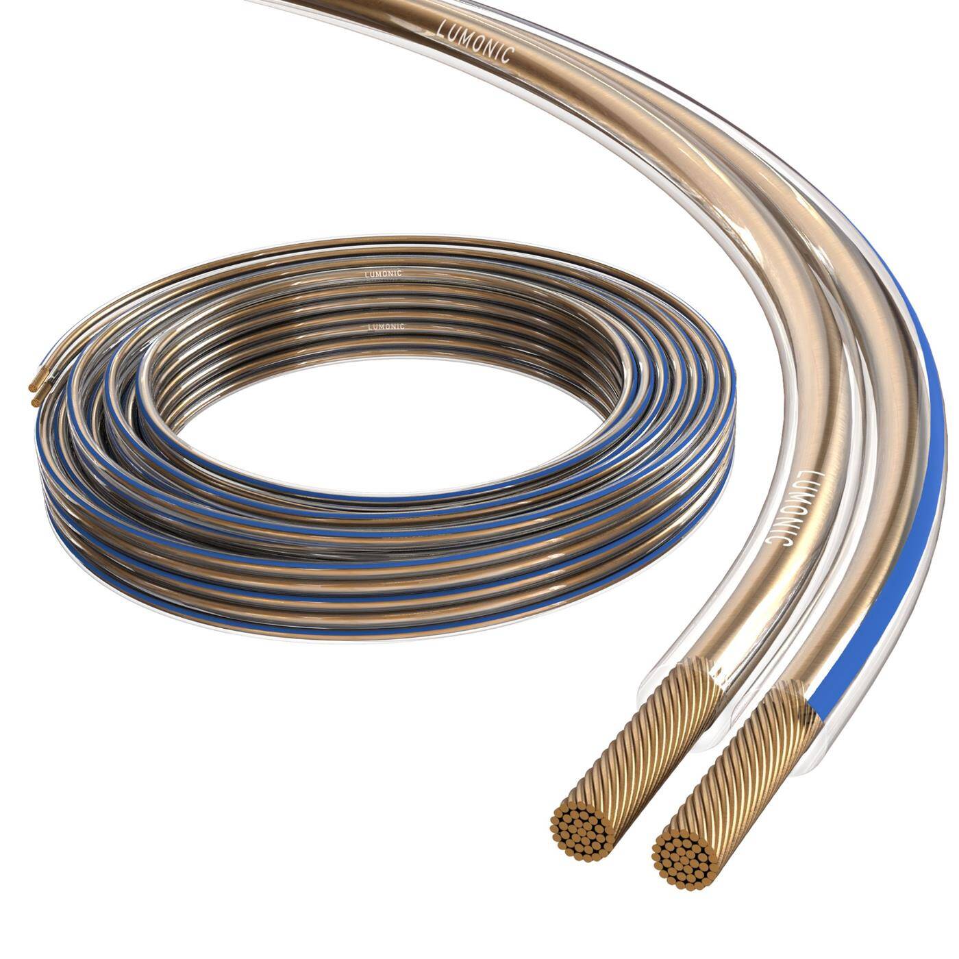 Lumonic Speaker cables | 25m Transparent | 2x 0,75mm² CCA | Blue marking HiFi speaker cable | Audio twin line