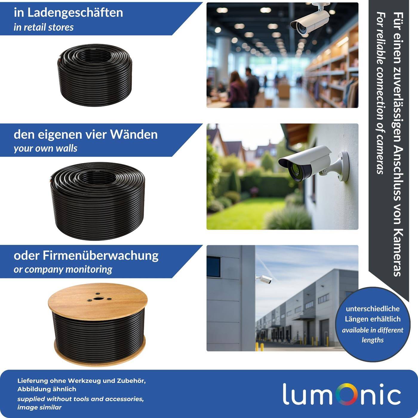 Lumonic RG59 RG59 Coaxial cable + Power line 50m | CCTV surveillance cable with power | 75 Ohm combination cable, Double shielded, 90dB Attenuation,  Video + Electricity