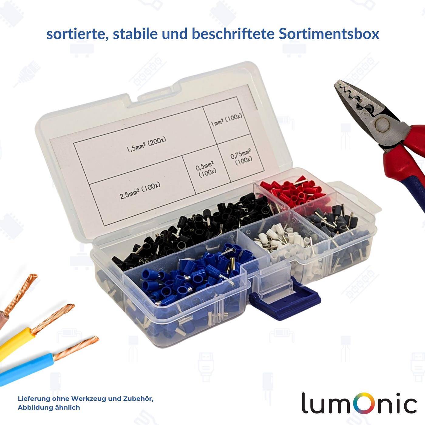 Insulated wire end ferrules set 0,5 bis 2,5mm² 600 parts Wire end ferrules assortment Ideal for electricians